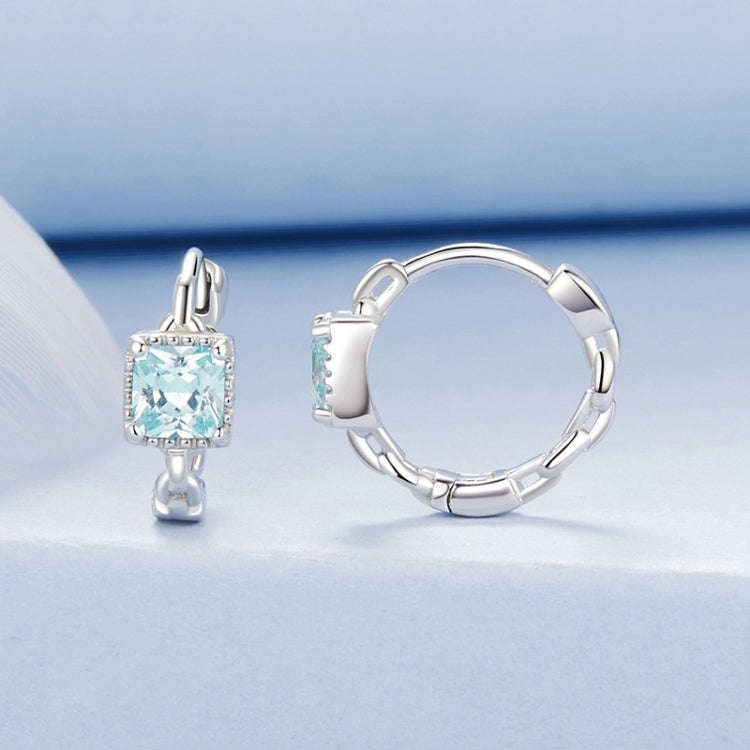 S925 Sterling Silver Heart Square Earrings Aquamarine Zircon Earrings, Model: BSE1100