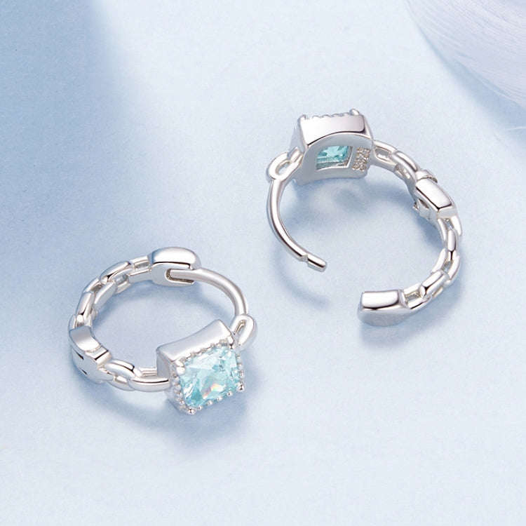S925 Sterling Silver Heart Square Earrings Aquamarine Zircon Earrings, Model: BSE1100