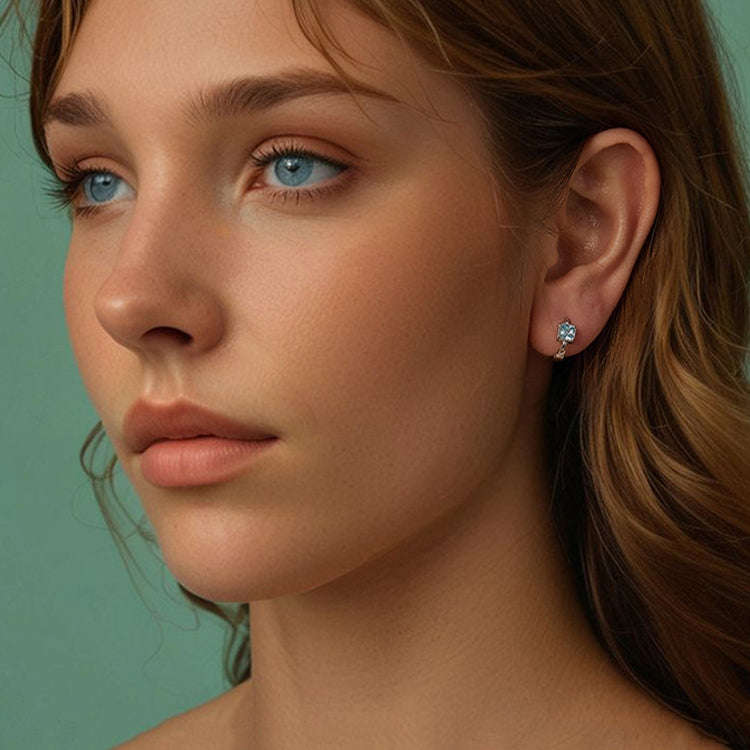 S925 Sterling Silver Heart Square Earrings Aquamarine Zircon Earrings, Model: BSE1100