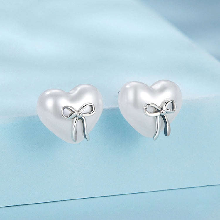 S925 Sterling Silver Platinum-Plated Heart-shaped Earrings Bow Knot Earrings(SCE1810)