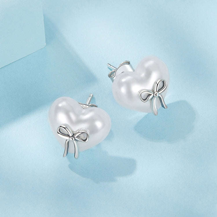 S925 Sterling Silver Platinum-Plated Heart-shaped Earrings Bow Knot Earrings(SCE1810)