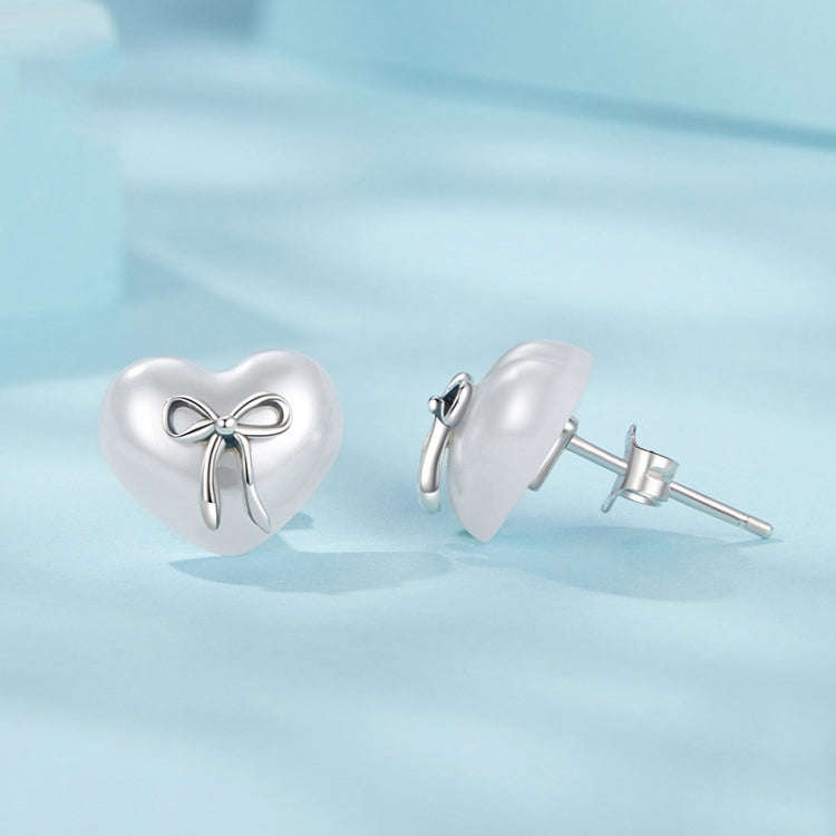 S925 Sterling Silver Platinum-Plated Heart-shaped Earrings Bow Knot Earrings(SCE1810)