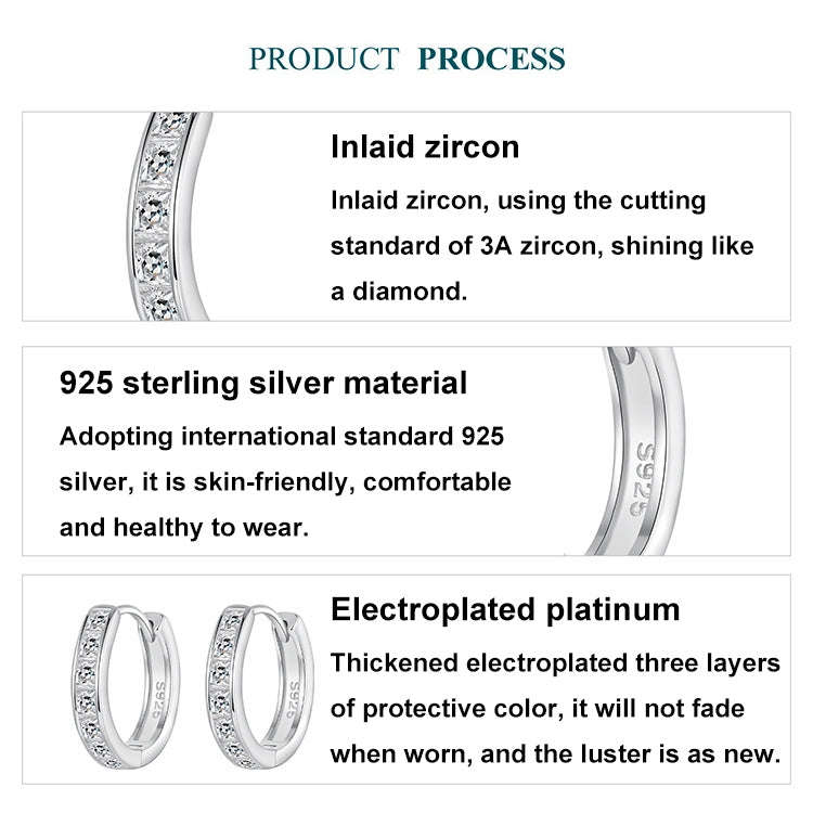 S925 Sterling Silver Platinum-Plated Shining Square Zirconium Earrings(BSE1102)