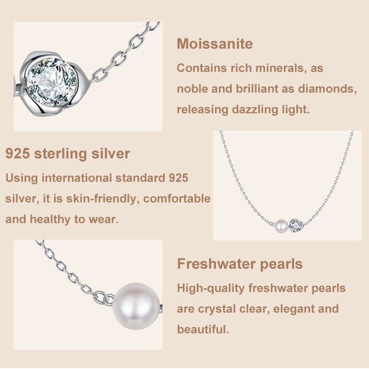 S925 Sterling Silver Platinum-plated Elegant Rose Moissanite Pearl Necklace(MSN040)