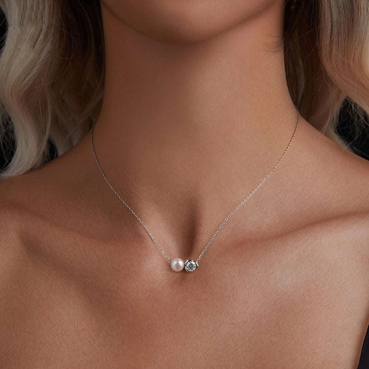 S925 Sterling Silver Platinum-plated Elegant Rose Moissanite Pearl Necklace(MSN040)