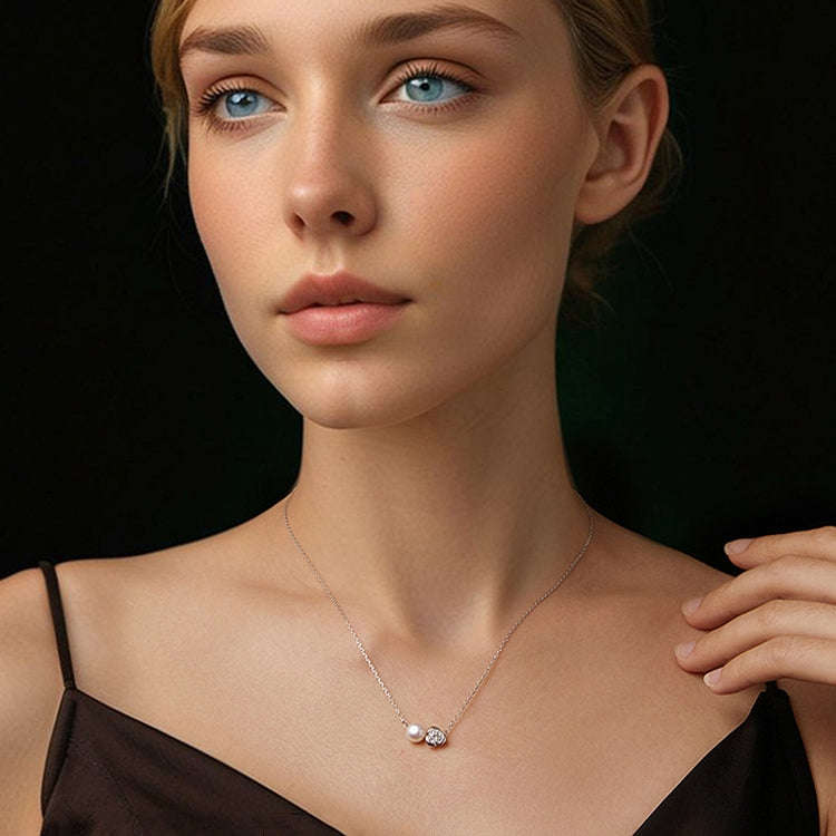 S925 Sterling Silver Platinum-plated Elegant Rose Moissanite Pearl Necklace(MSN040)