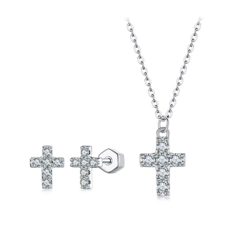 S925 Sterling Silver Platinum-plated Cross Moissanite Necklace Earring Set(Set)