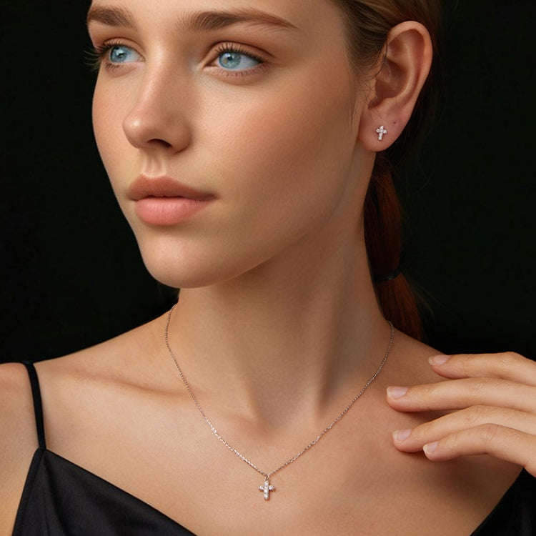 S925 Sterling Silver Platinum-plated Cross Moissanite Necklace Earring Set(Set)