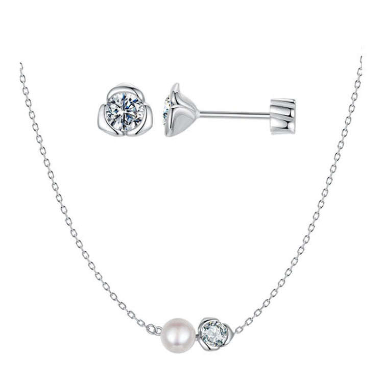 S925 Sterling Silver Platinum-plated Moissanite Rose Earrings Necklace Set(Set)