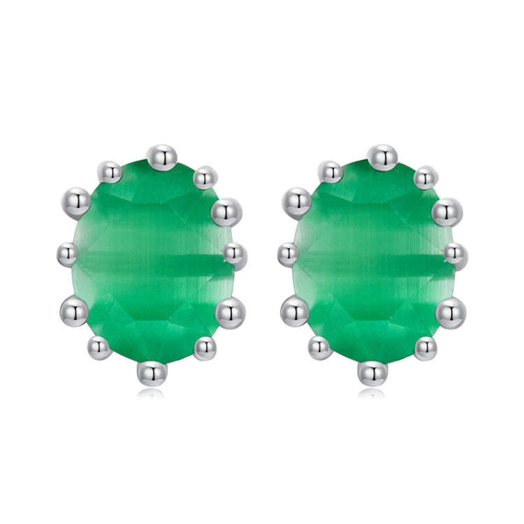 S925 Sterling Silver Emerald Cat Eye Glass Earrings(BSE1116)