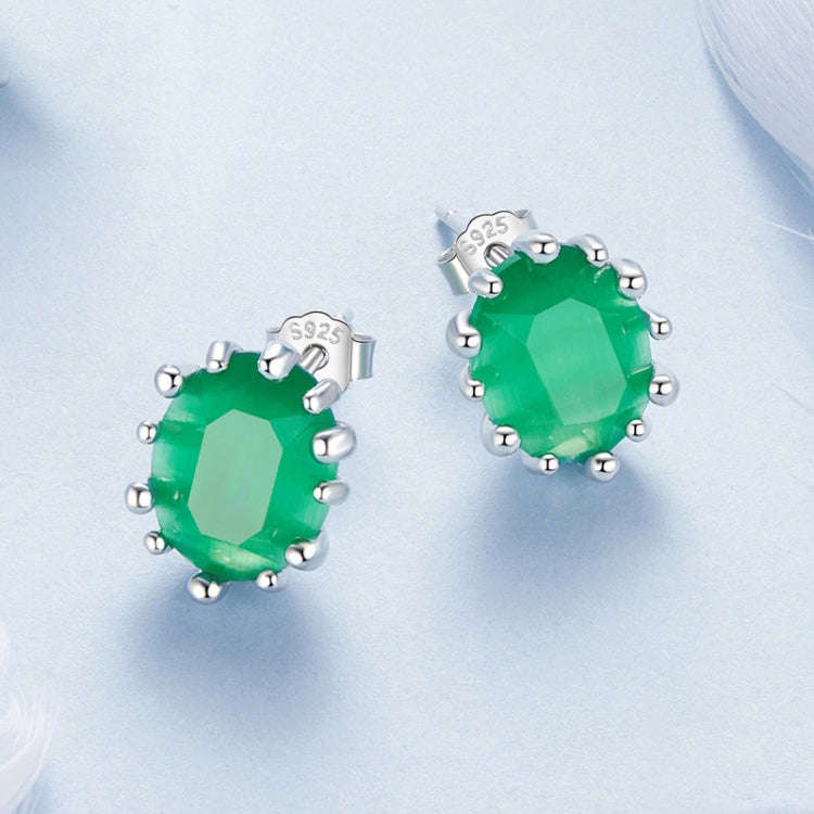 S925 Sterling Silver Emerald Cat Eye Glass Earrings(BSE1116)