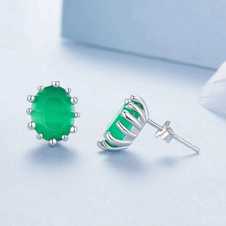S925 Sterling Silver Emerald Cat Eye Glass Earrings(BSE1116)