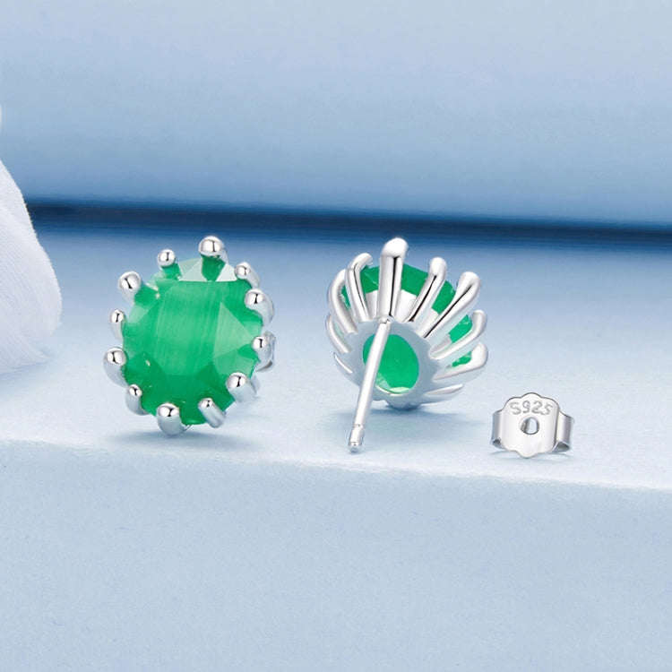 S925 Sterling Silver Emerald Cat Eye Glass Earrings(BSE1116)