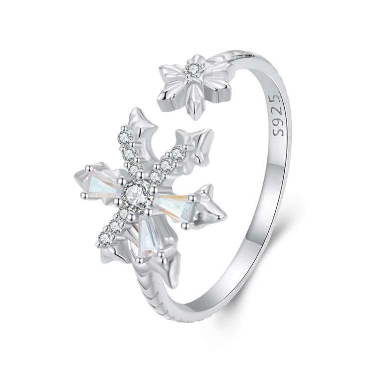 S925 Sterling Silver Platinum Zircon Winter Snowflake Open Adjustable Ring(BSR628-E)