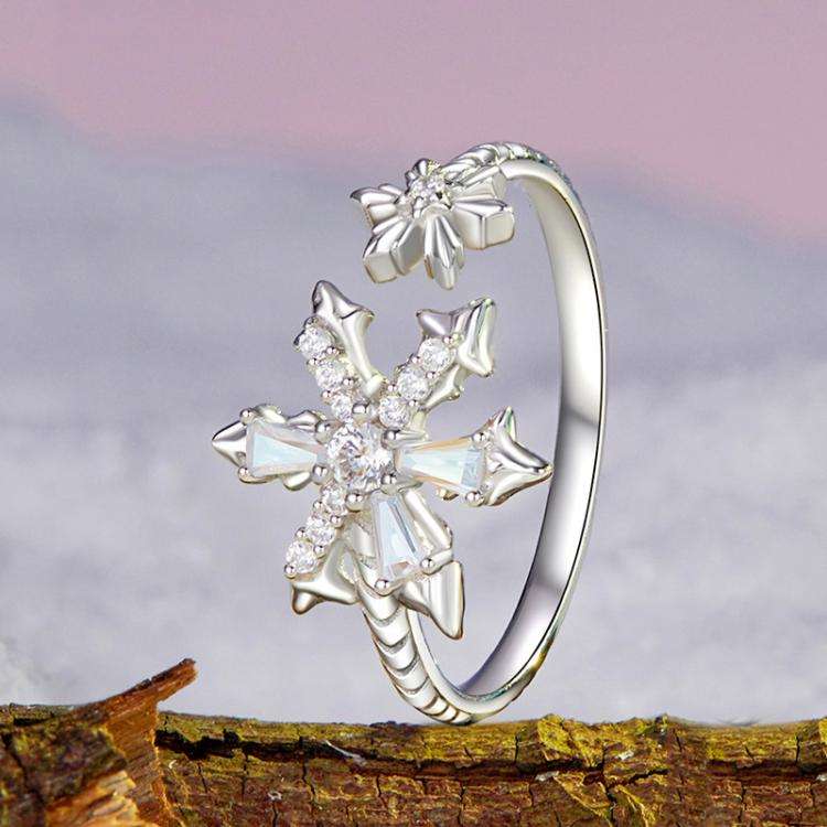 S925 Sterling Silver Platinum Zircon Winter Snowflake Open Adjustable Ring(BSR628-E)