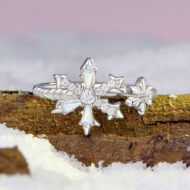 S925 Sterling Silver Platinum Zircon Winter Snowflake Open Adjustable Ring(BSR628-E)