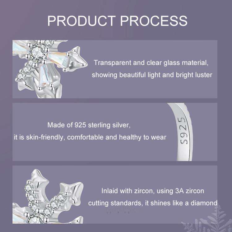 S925 Sterling Silver Platinum Zircon Winter Snowflake Open Adjustable Ring(BSR628-E)