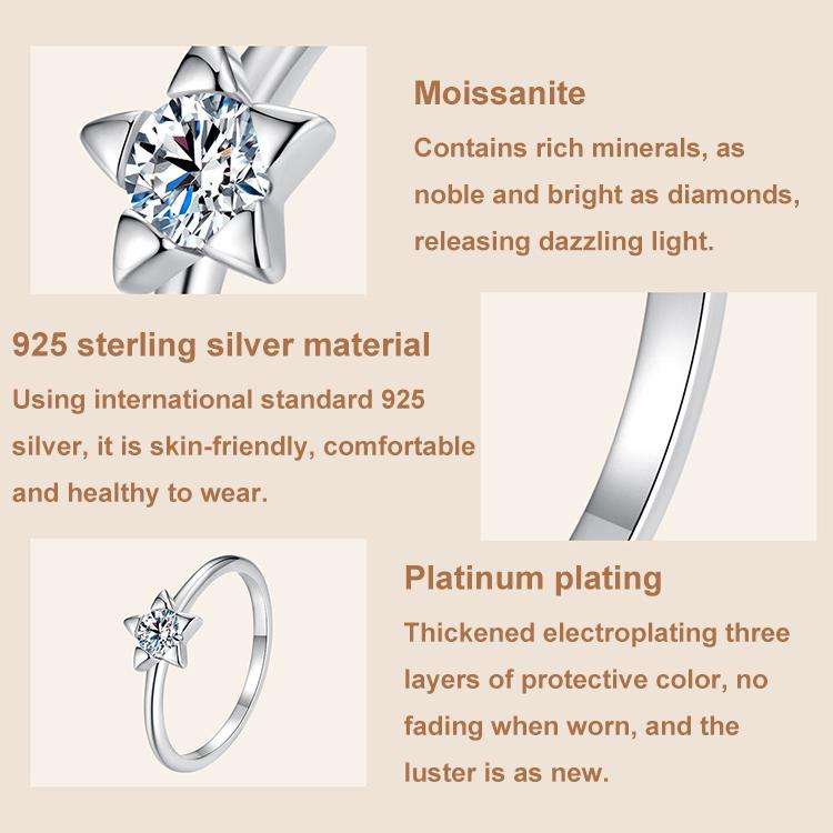 MSR064 S925 Sterling Silver Moissanite Star Ring, Size: 8