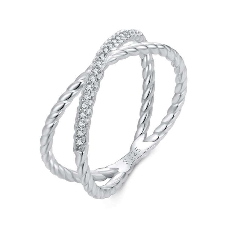 BSR621 S925 Sterling Silver Platinum-plated Shining Zircon Double-layer X-shaped Ring(7)