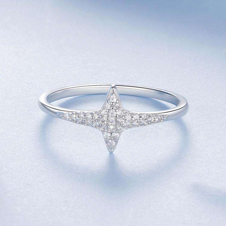 S925 Sterling Silver Plated White Gold Shining Four-pointed Star Zircon Ring(No.6)