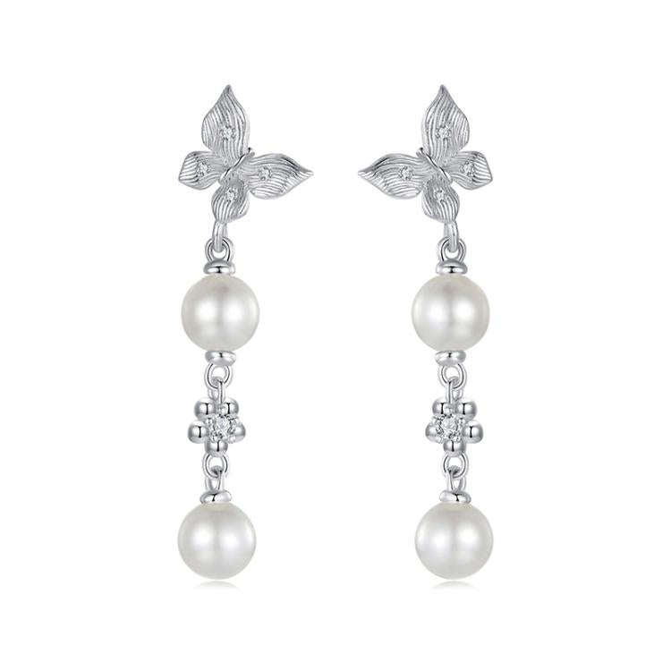 S925 Sterling Silver Elegant Butterfly Shell Bead Long Earrings(BSE1130)