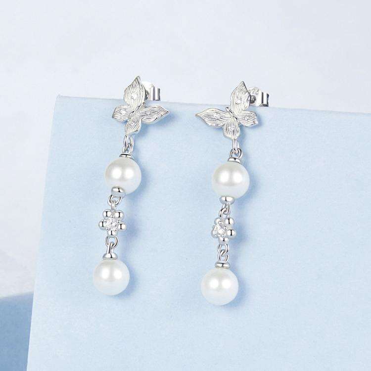 S925 Sterling Silver Elegant Butterfly Shell Bead Long Earrings(BSE1130)