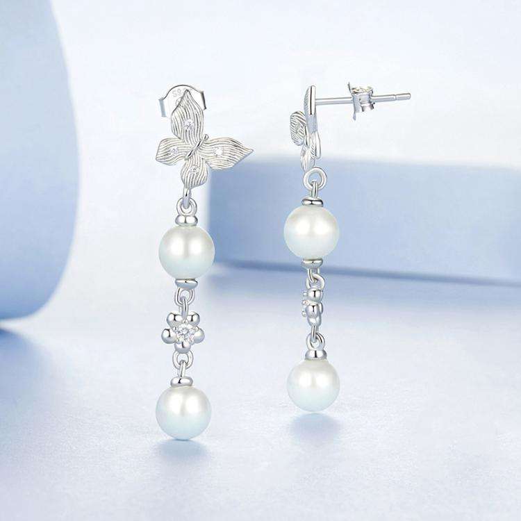 S925 Sterling Silver Elegant Butterfly Shell Bead Long Earrings(BSE1130)
