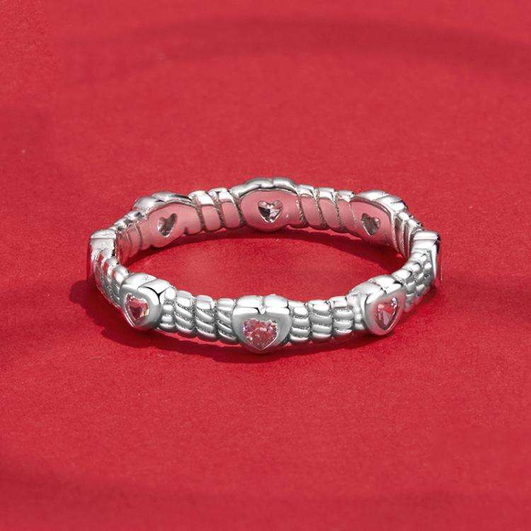 S925 Sterling Silver Platinum Heart Twist Pattern Zircon Ring(No.7)