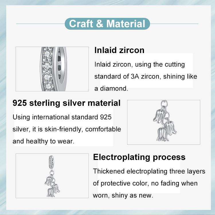 S925 Sterling Silver Platinum-Plated Lily of the Valley Bracelet Pendant Beads(SCC2949)