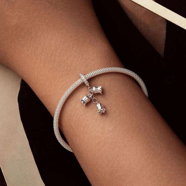 S925 Sterling Silver Platinum-Plated Lily of the Valley Bracelet Pendant Beads(SCC2949)
