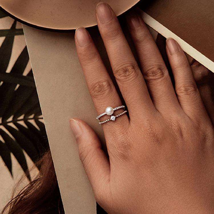 S925 Sterling Silver Natural Freshwater Pearl Double-layer Ring Elegant Temperament Ring(7)