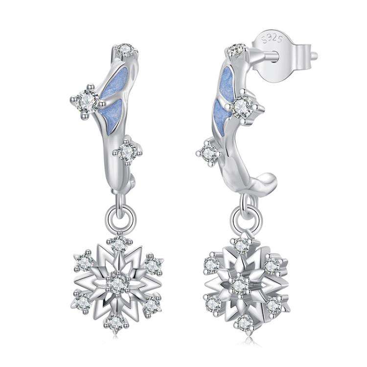 S925 Sterling Silver Platinum-Plated Shining Snowflake Zircon Earrings(SCE1826)