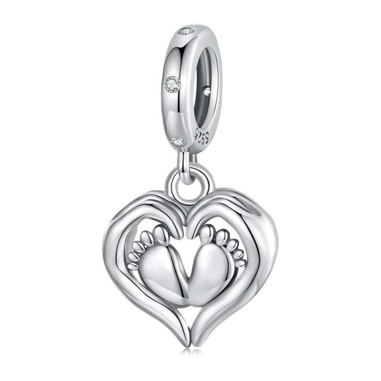 S925 Sterling Silver Heart Footprint Pendant Mother Day Beads(SCC3046)