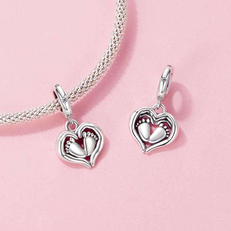 S925 Sterling Silver Heart Footprint Pendant Mother Day Beads(SCC3046)