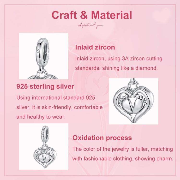 S925 Sterling Silver Heart Footprint Pendant Mother Day Beads(SCC3046)