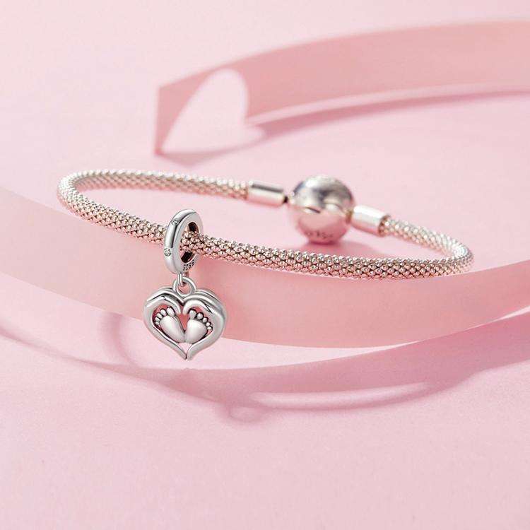 S925 Sterling Silver Heart Footprint Pendant Mother Day Beads(SCC3046)