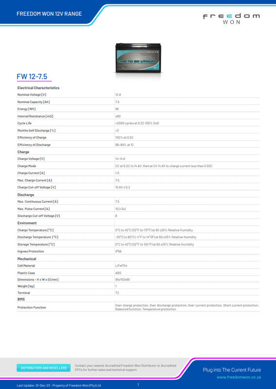 Freedom Won LiFePO4 Lithium Ion 12V - 7.5AH - FW 12-7.5