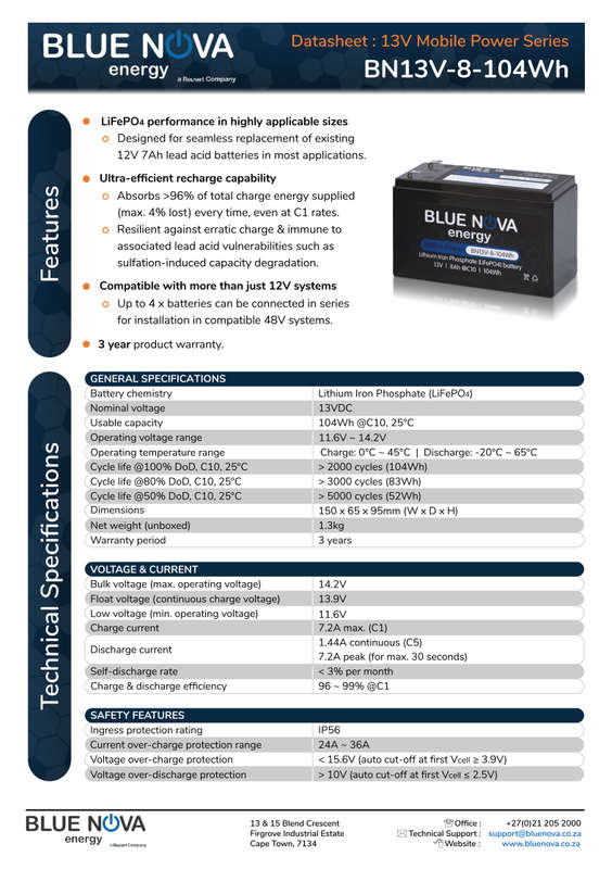 Blue Nova Lithium Iron Phosphate 13V Battery 8Ah