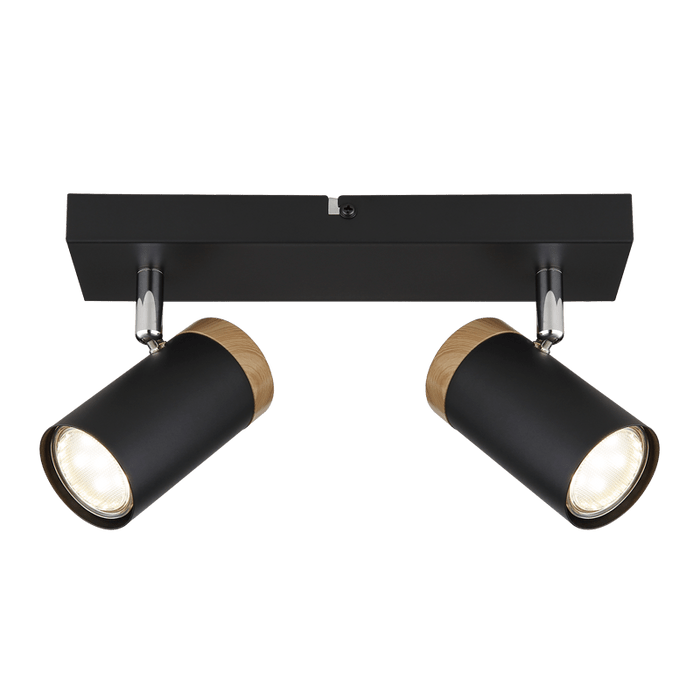 ADJUSTABLE GU10 BLACK & WOOD LOOK 2 LIGHT SPOTLIGHT