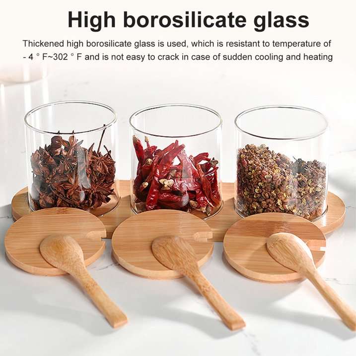 3-Transparent Glass Spice Jar Set With Wooden Lid And Spoon YM-KSC02