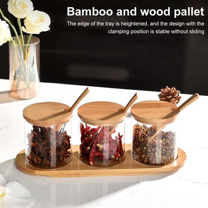 3-Transparent Glass Spice Jar Set With Wooden Lid And Spoon YM-KSC02