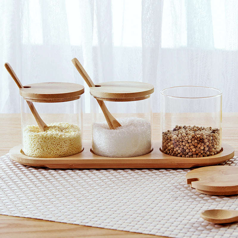 3-Transparent Glass Spice Jar Set With Wooden Lid And Spoon YM-KSC02