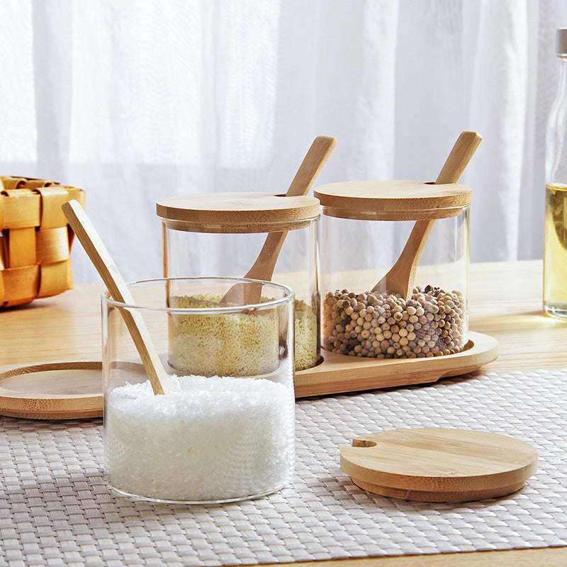 3-Transparent Glass Spice Jar Set With Wooden Lid And Spoon YM-KSC02