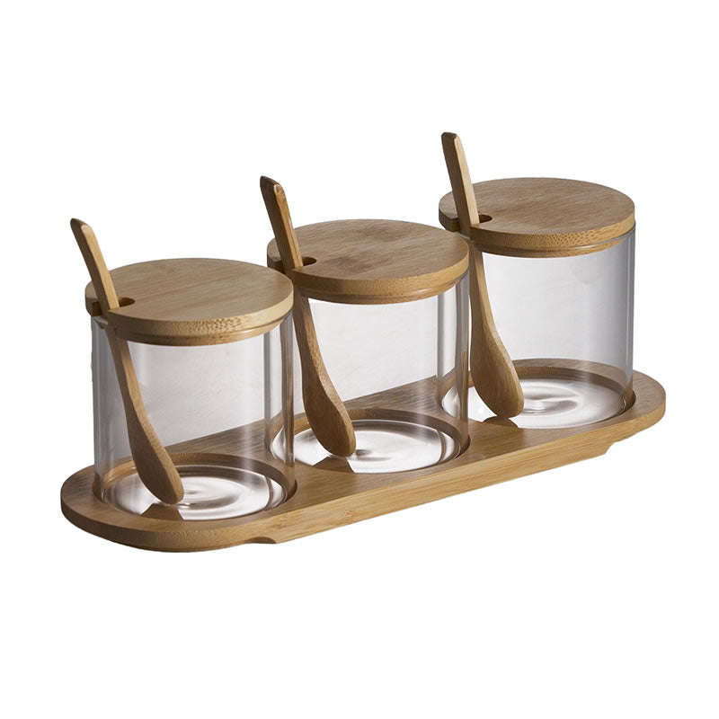 3-Transparent Glass Spice Jar Set With Wooden Lid And Spoon YM-KSC02