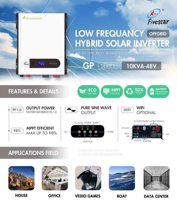 FIVESTAR 48V 10KVA 10KW Hybrid Solar Inverter MPPT WIFI COMPATIBLE
