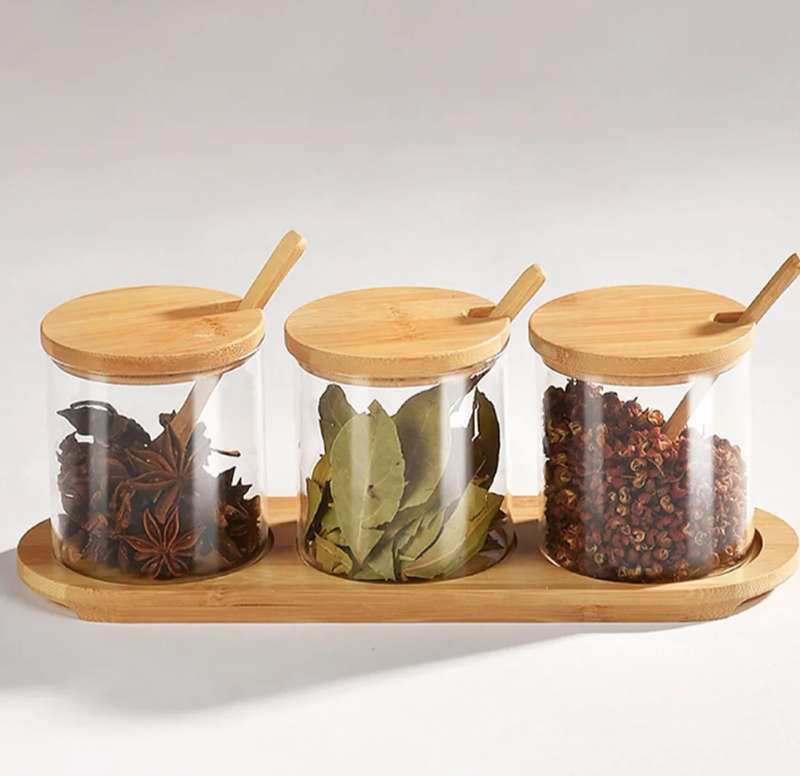 3-Transparent Glass Spice Jar Set With Wooden Lid And Spoon YM-KSC02