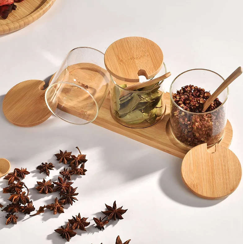 3-Transparent Glass Spice Jar Set With Wooden Lid And Spoon YM-KSC02