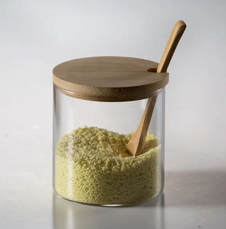 3-Transparent Glass Spice Jar Set With Wooden Lid And Spoon YM-KSC02