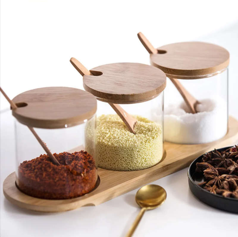 3-Transparent Glass Spice Jar Set With Wooden Lid And Spoon YM-KSC02