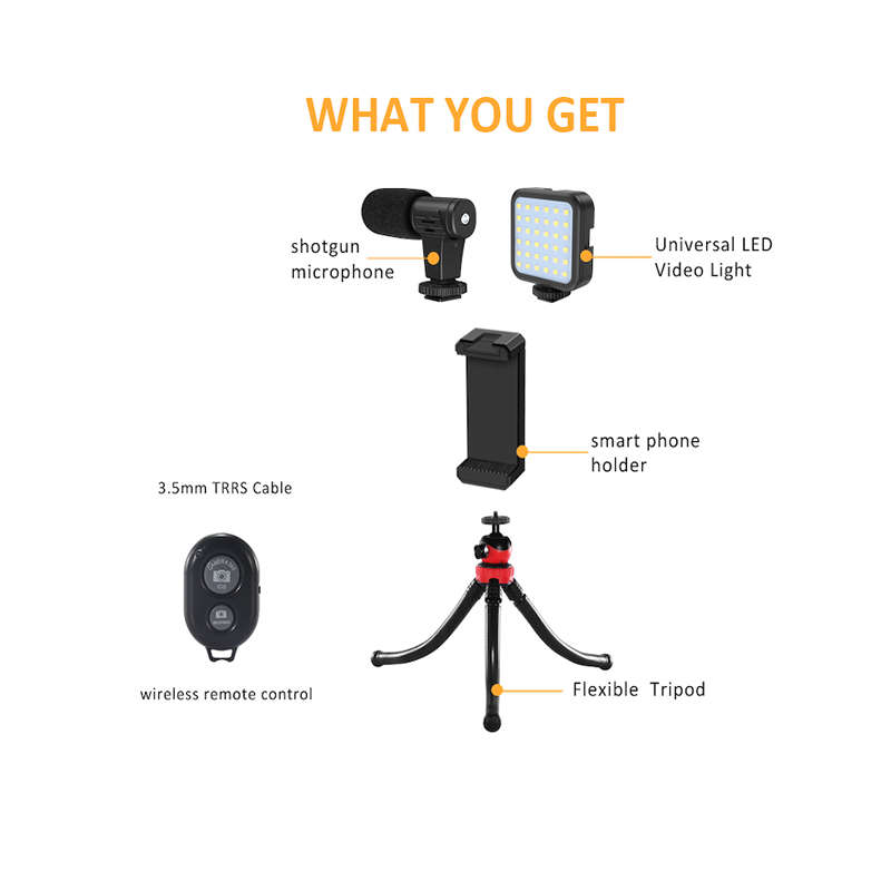 Vlogging Kit with Led Light Microphone and Tripod KIT-04LM